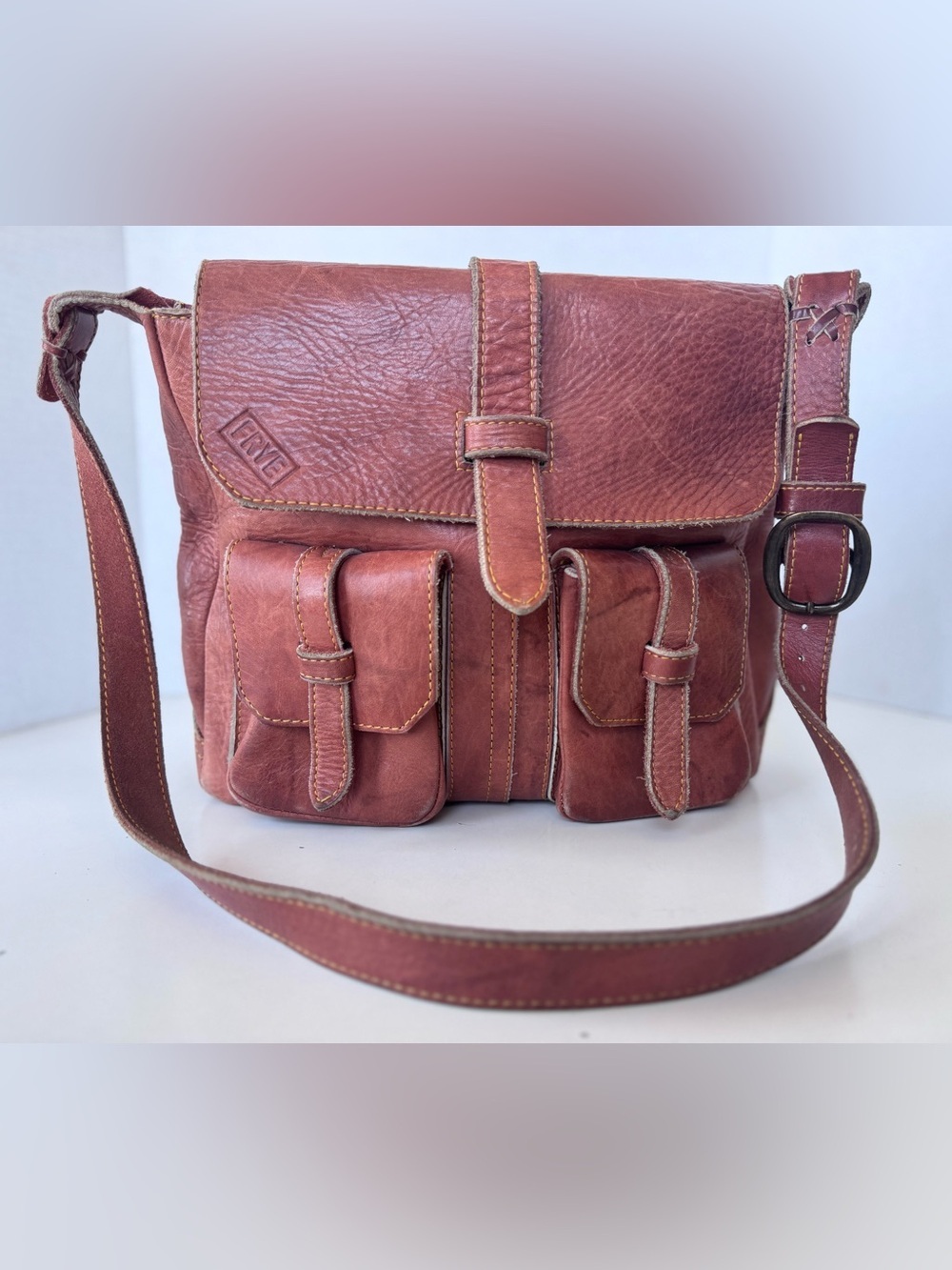 Vintage 70s FRYE Distressed Brown Leather Shoulder Campus Crossbody Bag Purse